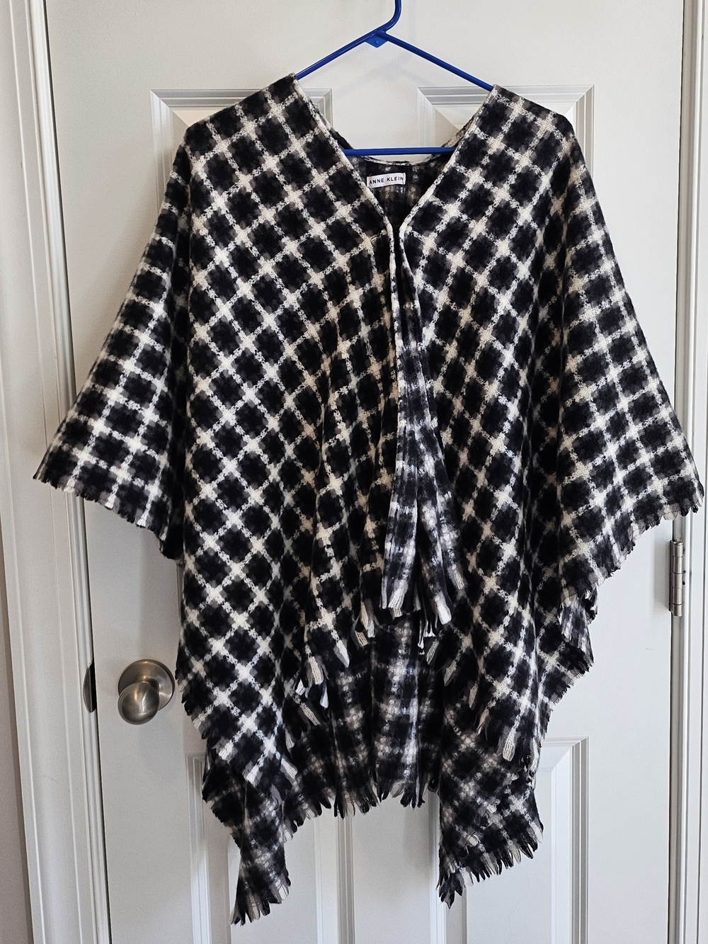Anne Klein Black and White Plaid Fringe Poncho